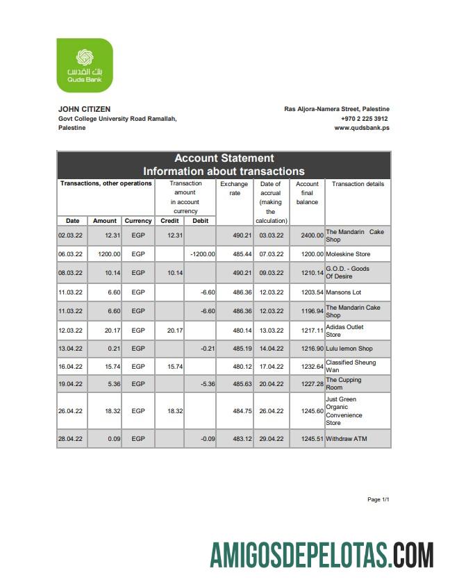 Exemplo de extrato bancário Quds da Palestina Xls
